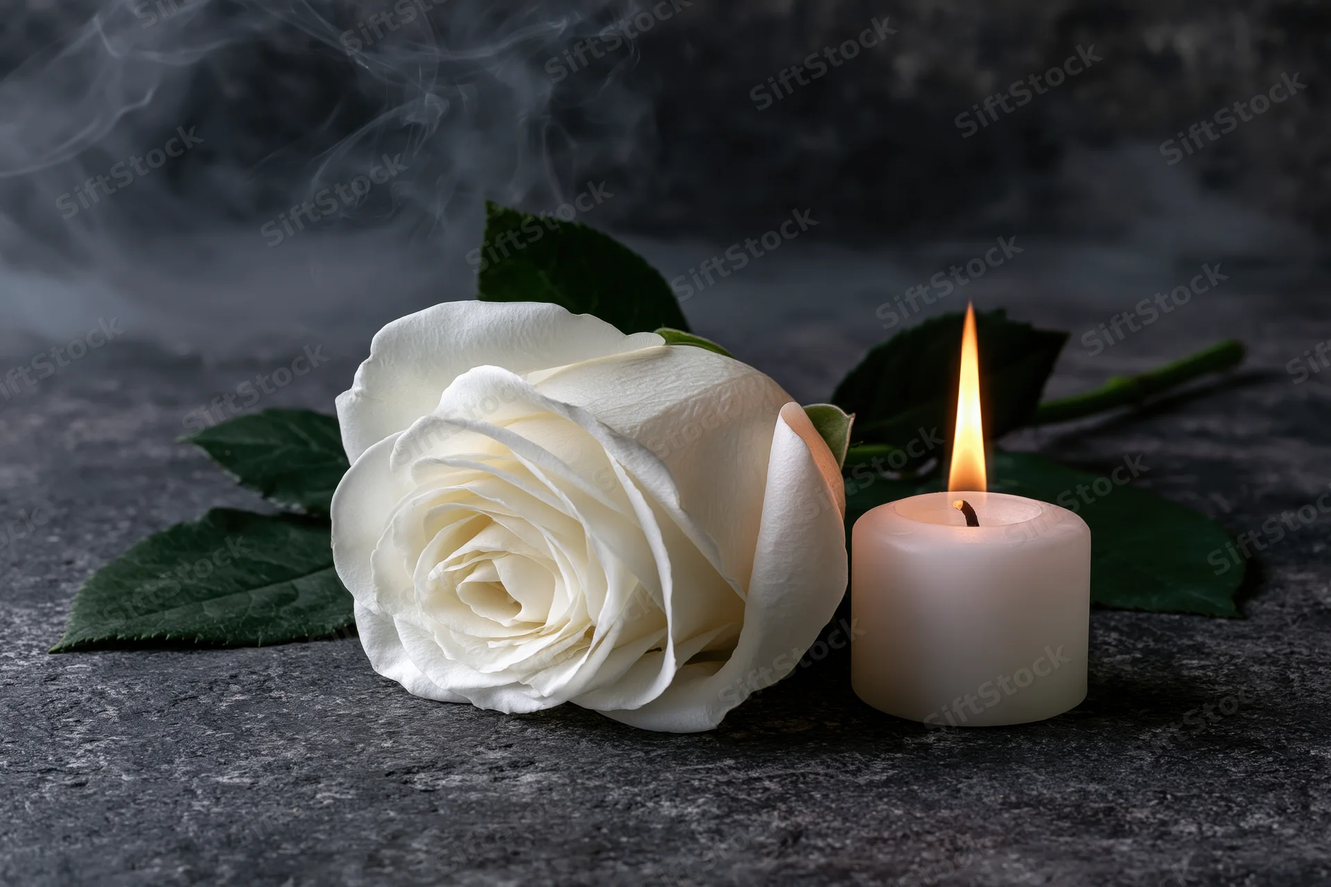 White rose beside lit candle on dark stone surface with smoke drifting above