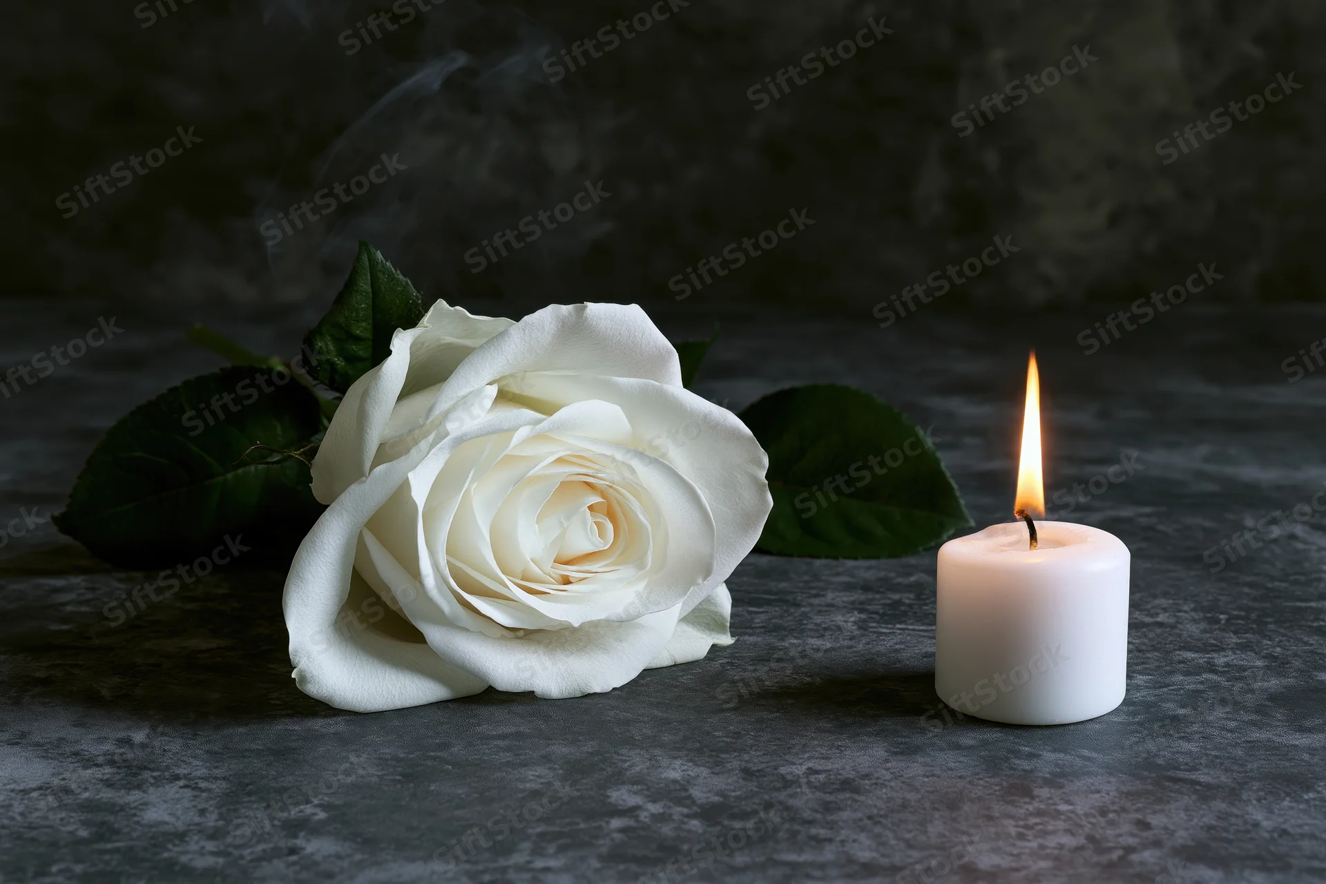 White rose lying beside a lit candle on a dark stone surface