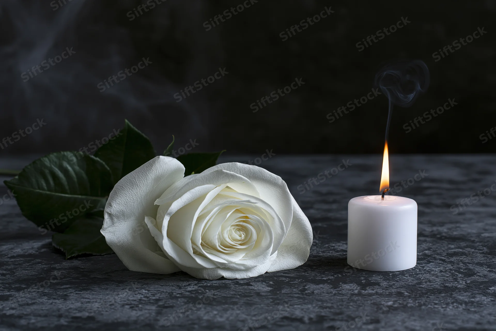 White rose beside a lit candle on dark stone surface