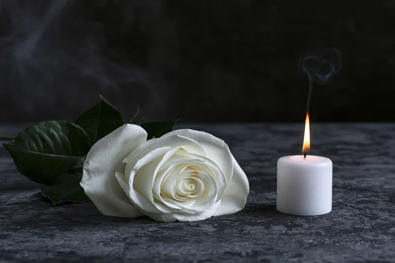 White rose beside a lit candle on dark stone surface