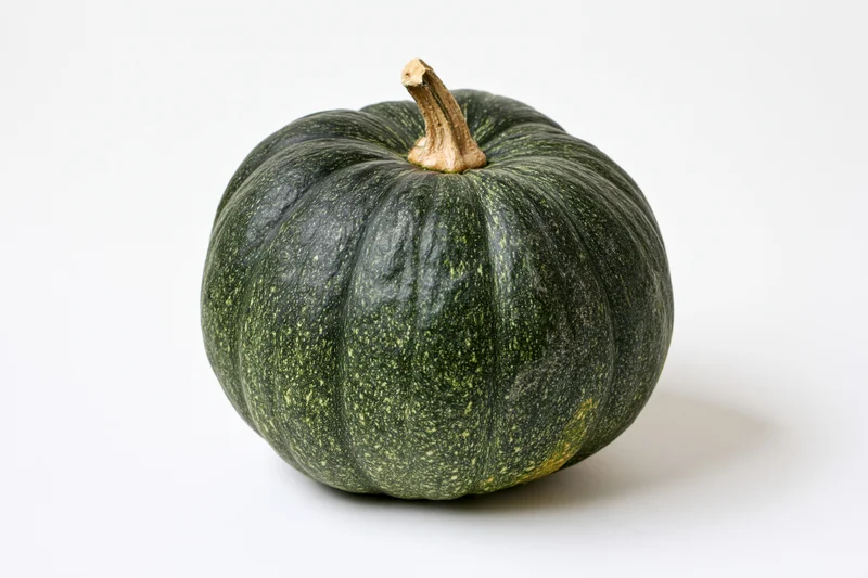 Whole kabocha squash with stem on white surface
