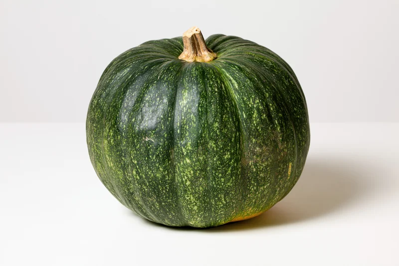 Whole kabocha squash on white surface with soft shadow