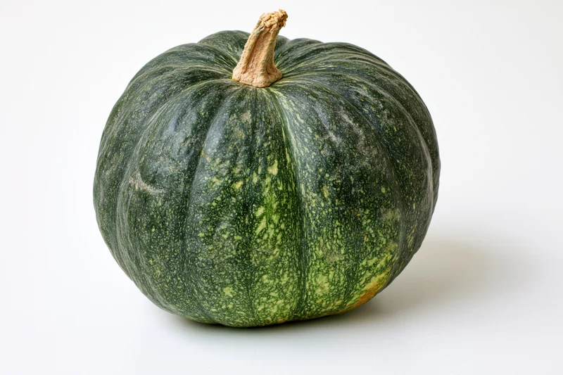 Kabocha squash resting on a white surface with soft shadow and visible stem