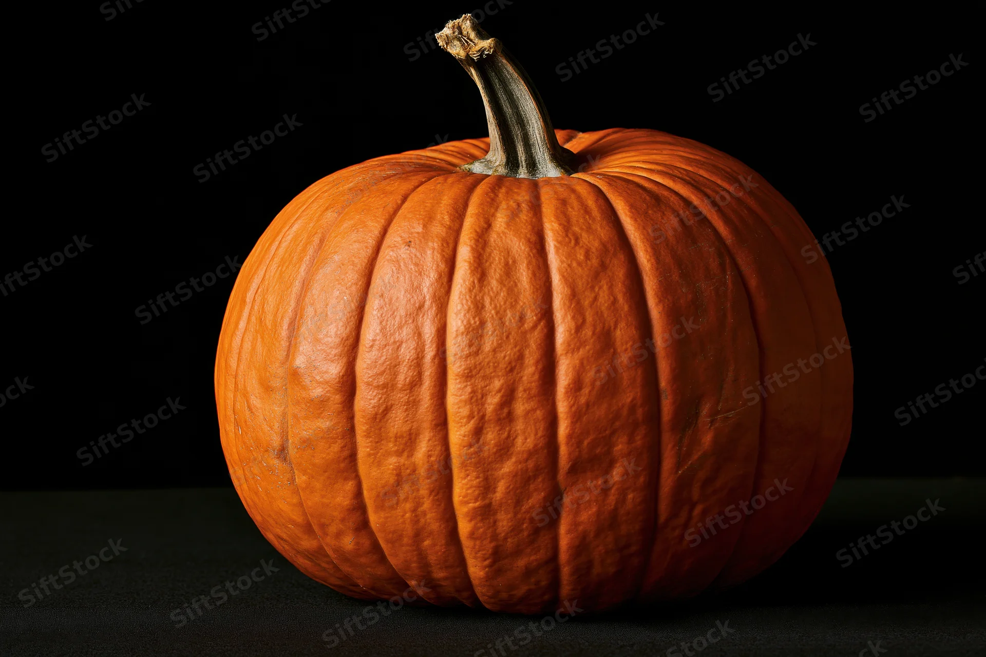 Whole pumpkin centered on black background with dramatic lighting