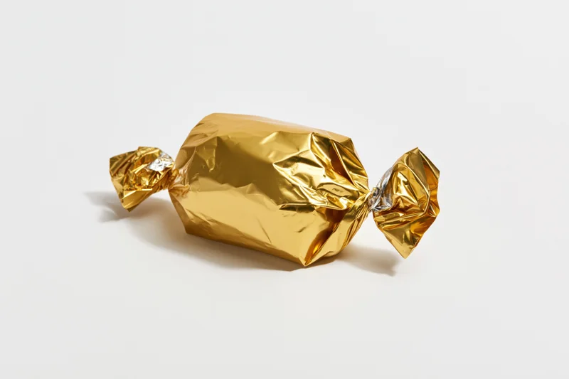 Single candy wrapped in crinkled gold foil with twisted ends on white background