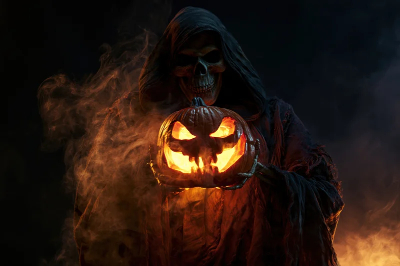 Skeletal figure in hooded robe holding glowing carved pumpkin amidst smoke at night