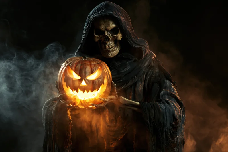 Skeletal figure in dark hooded robe holding glowing carved pumpkin in smoky night