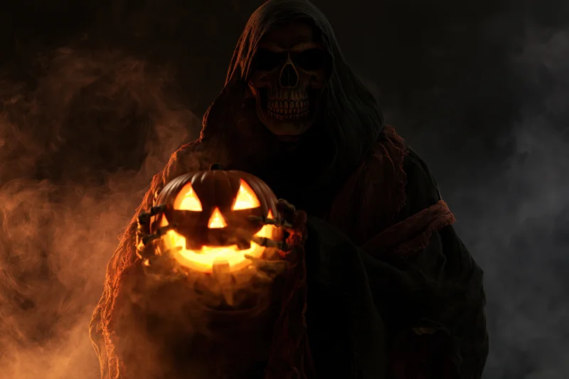 Skeletal figure in dark hooded robe holding glowing jack-o'-lantern in smoky night setting