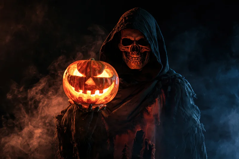 Skeletal figure in tattered hooded robe holding glowing carved pumpkin in smoky dark setting