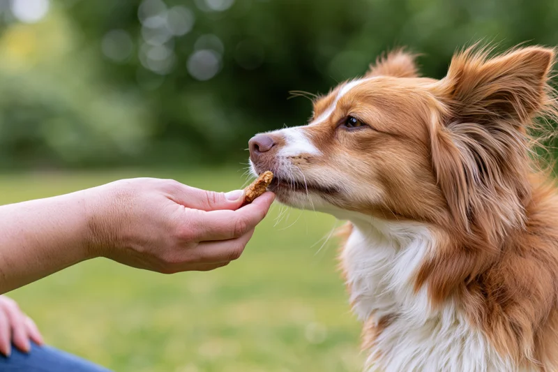 Small brown and white mixed-breed dog eating treat from human hand in grassy park