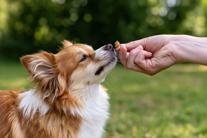Small brown and white mixed-breed dog tilting head to eat treat from hand in grassy outdoor setting