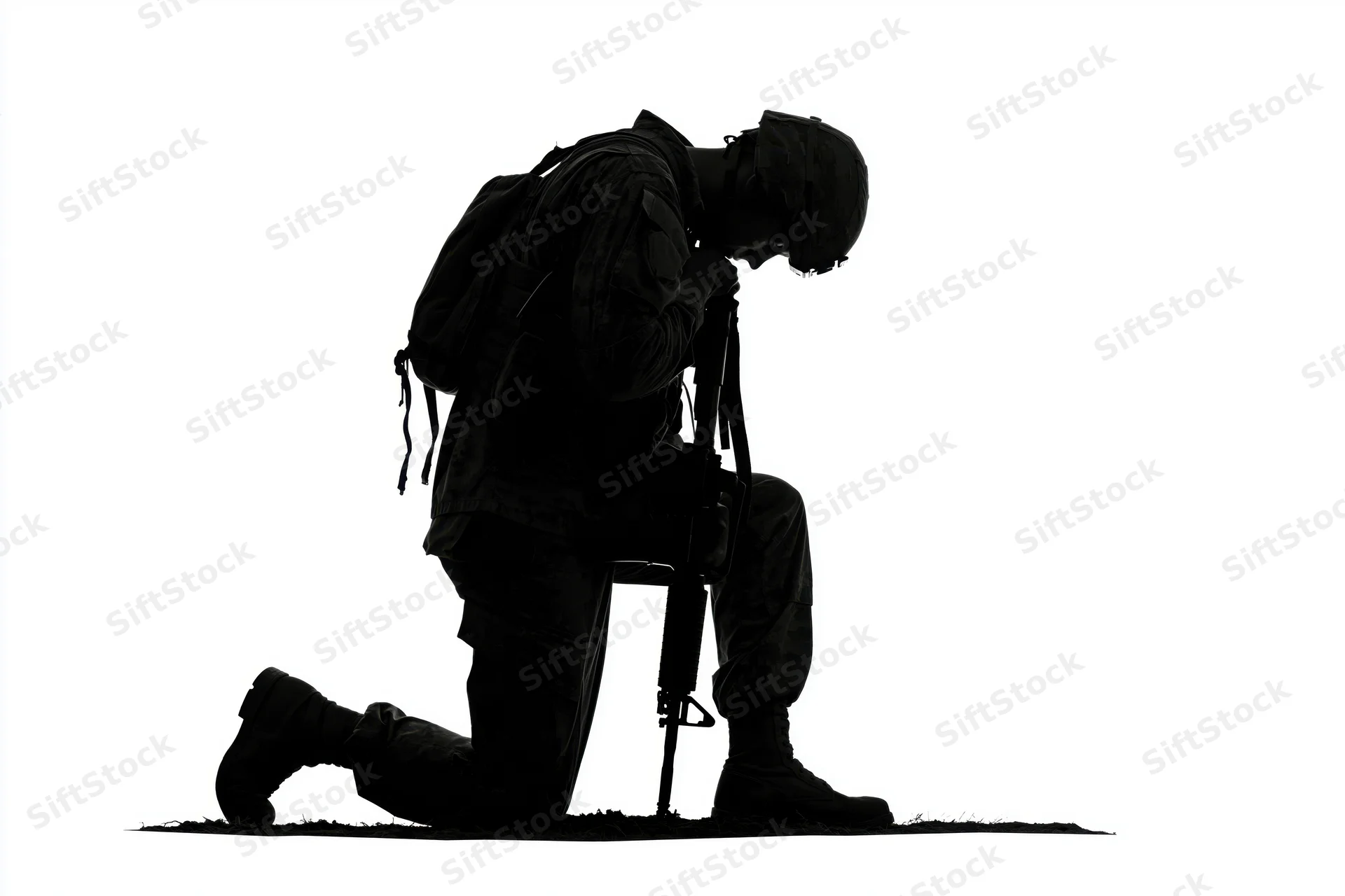 Soldier in full combat gear kneeling on one knee with head bowed against white background