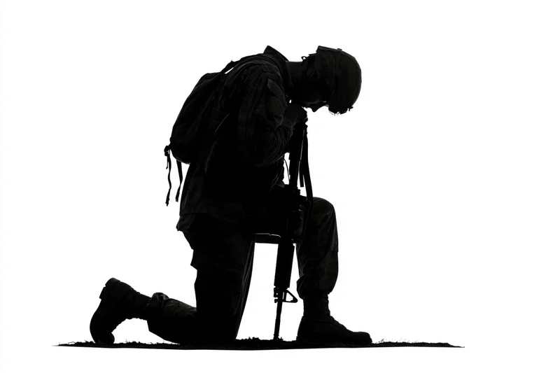 Soldier in full combat gear kneeling on one knee with head bowed against white background