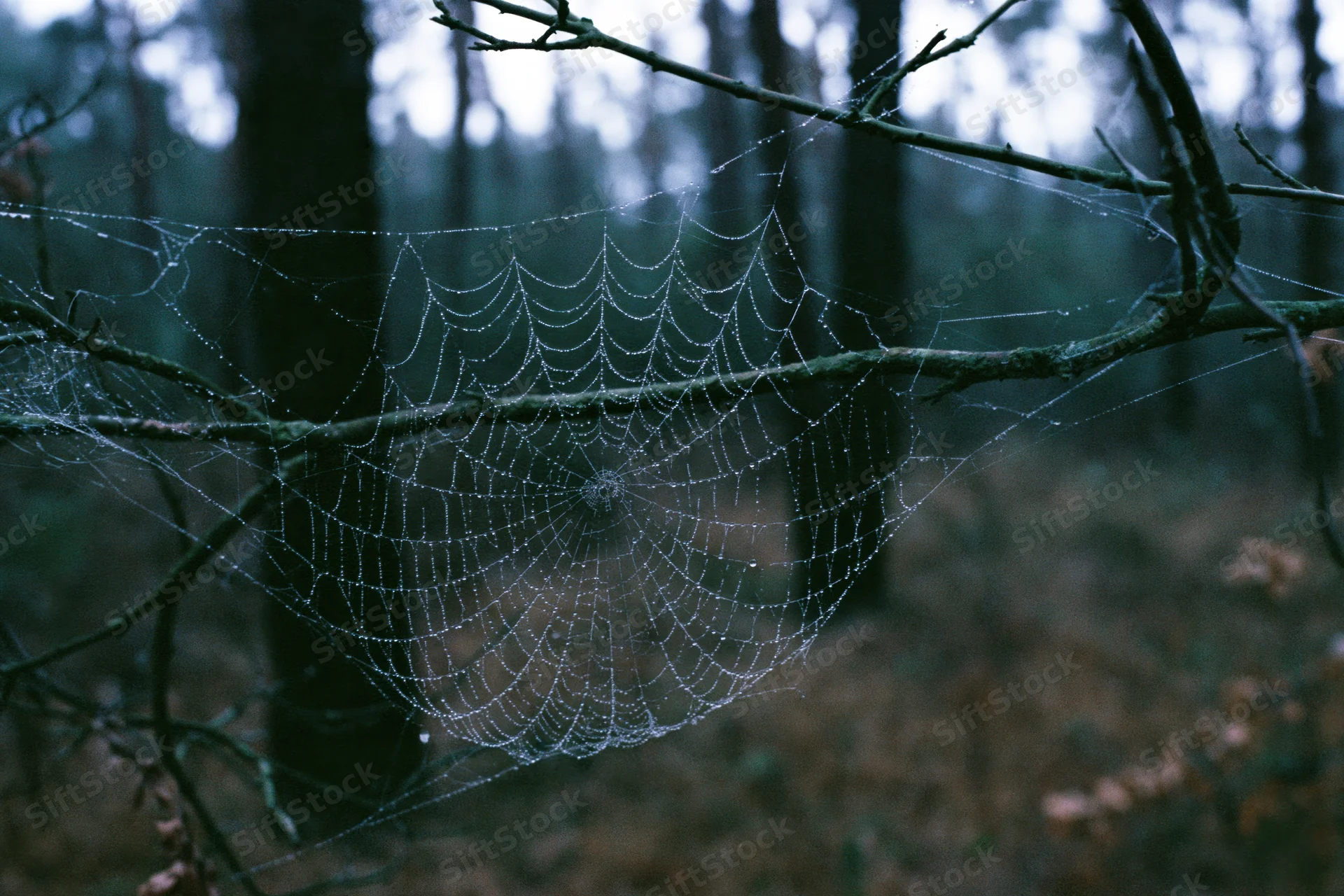 Spiderweb covered in dew droplets stretched between branches in a misty forest at dawn