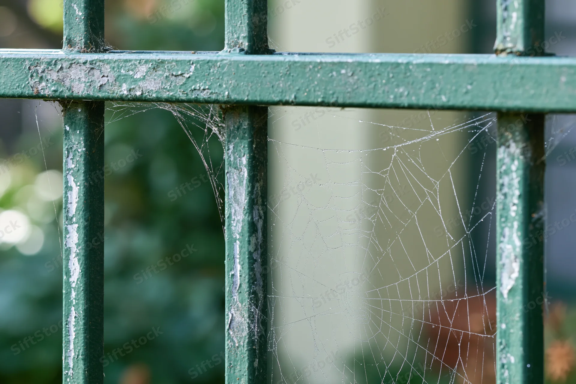 Spiderweb stretched between weathered green metal fence bars in a garden setting