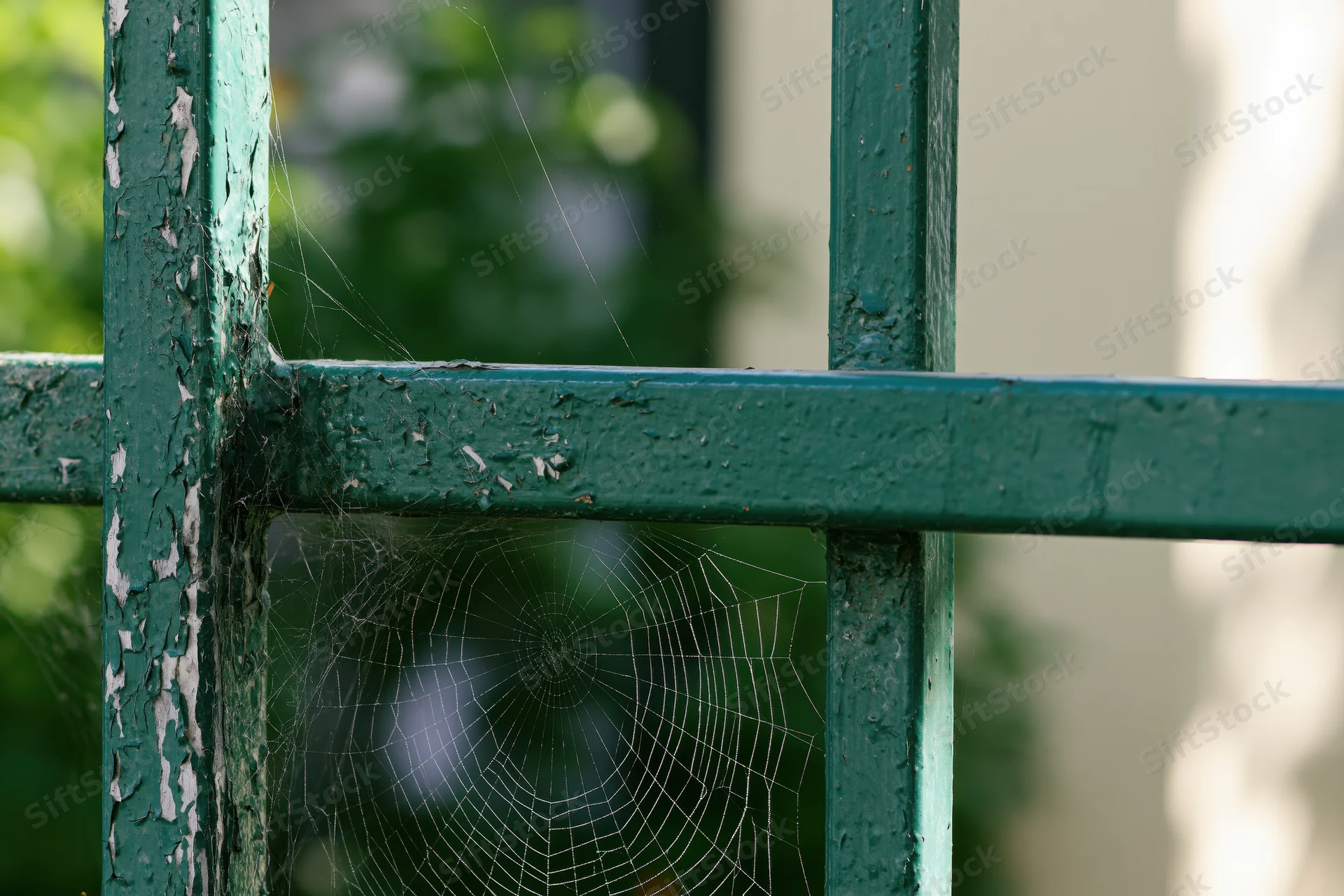 Spiderweb stretched between weathered green metal fence bars in a garden setting