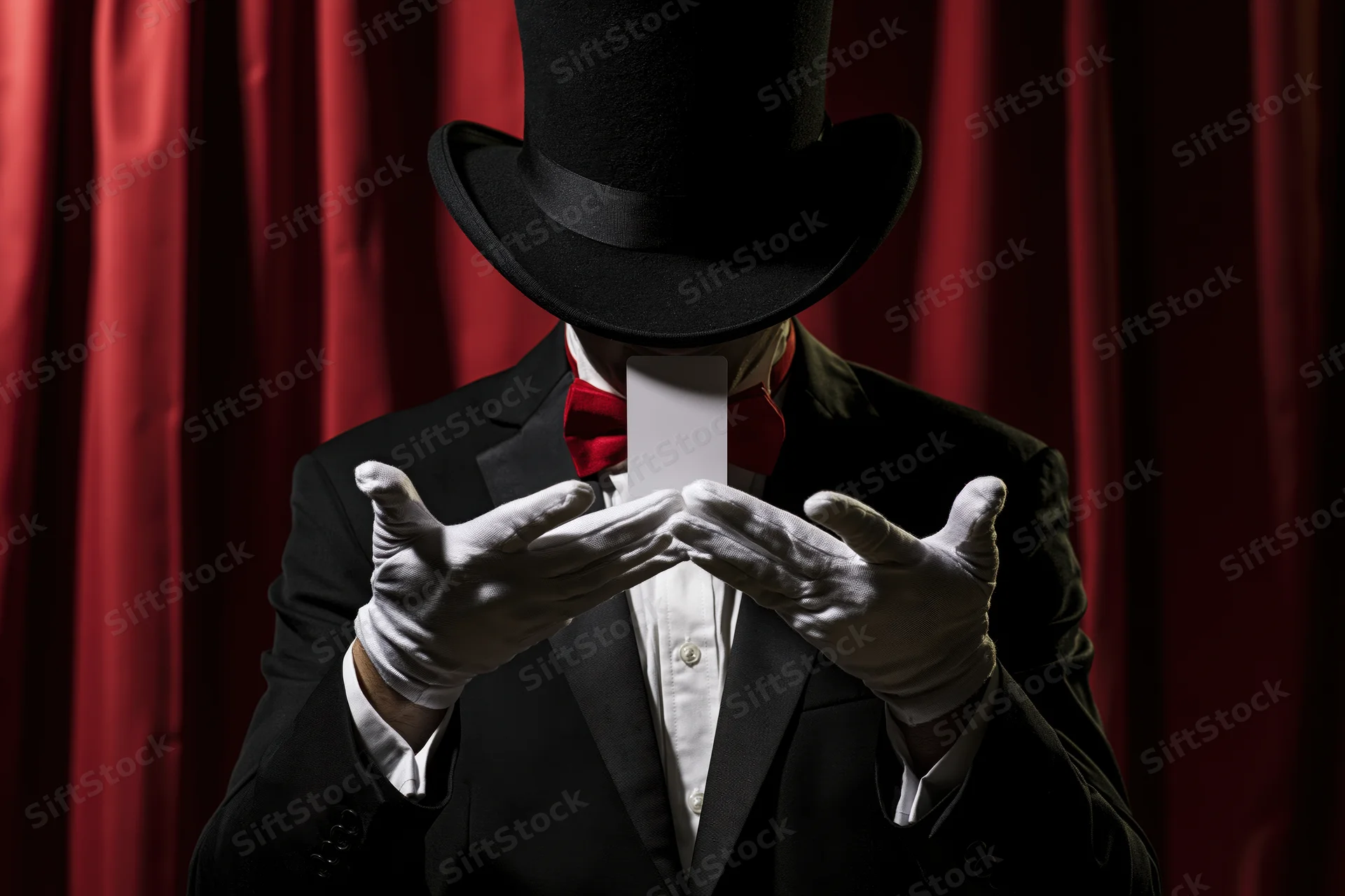 Magician in black suit and top hat performing illusion with white gloves against red curtain