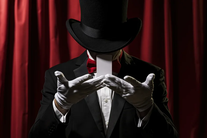 Magician in black suit and top hat performing illusion with white gloves against red curtain