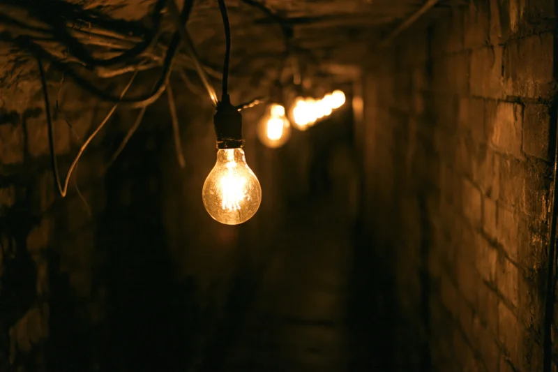 String of bare incandescent bulbs hanging in a narrow brick tunnel with warm glow