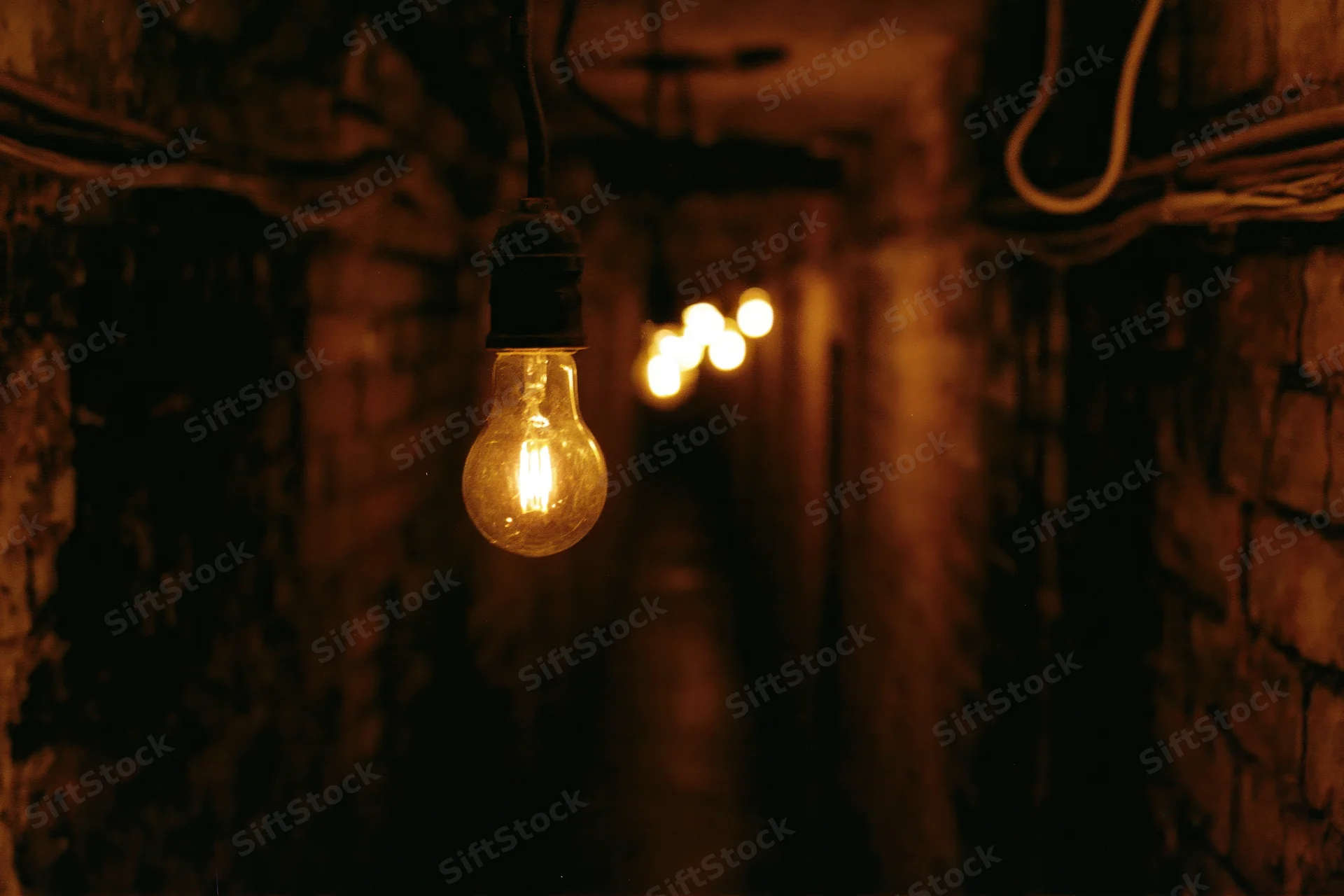 Bare incandescent bulbs hanging in a narrow brick tunnel with warm glow