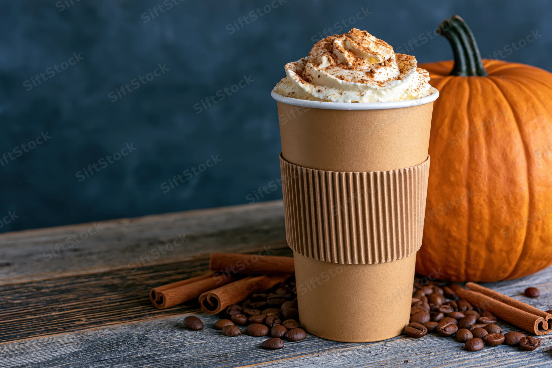 Pumpkin spice latte in a kraft paper cup with whipped cream and cinnamon on a wooden table beside a pumpkin and coffee beans