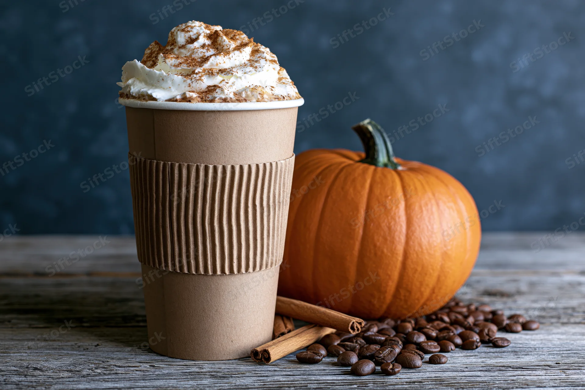 Tall paper coffee cup with whipped cream and cinnamon next to a small pumpkin and coffee beans on a wooden table