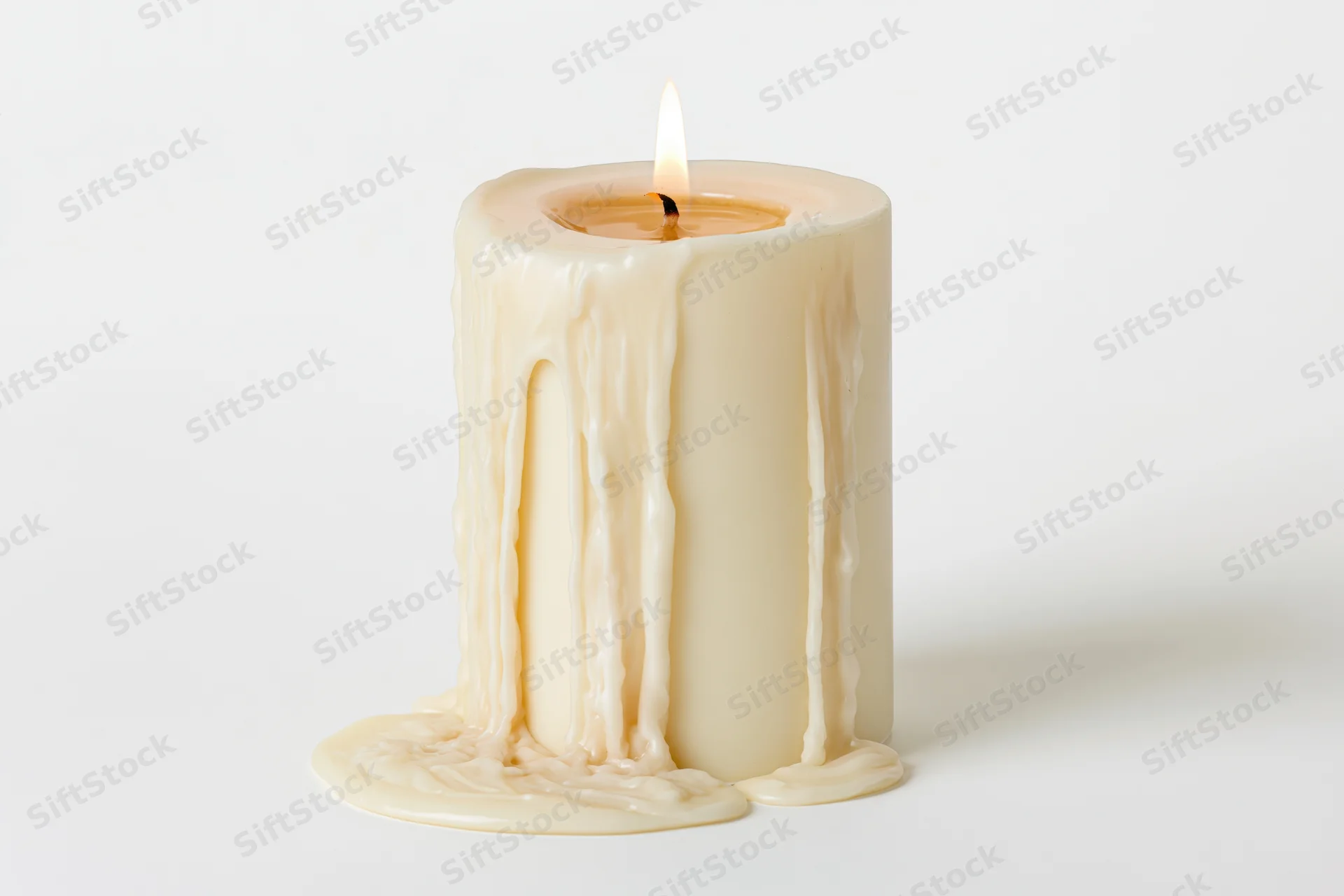 Thick ivory pillar candle burning with melted wax dripping down its sides on a white surface