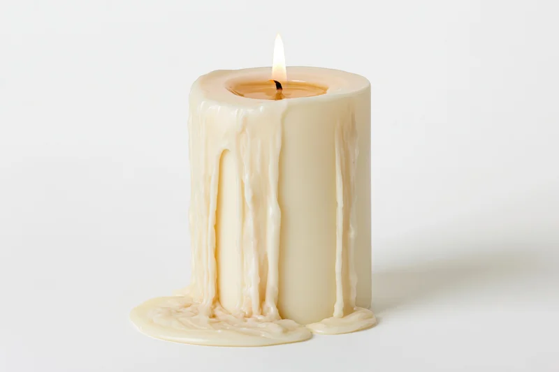 Thick ivory pillar candle burning with melted wax dripping down its sides on a white surface