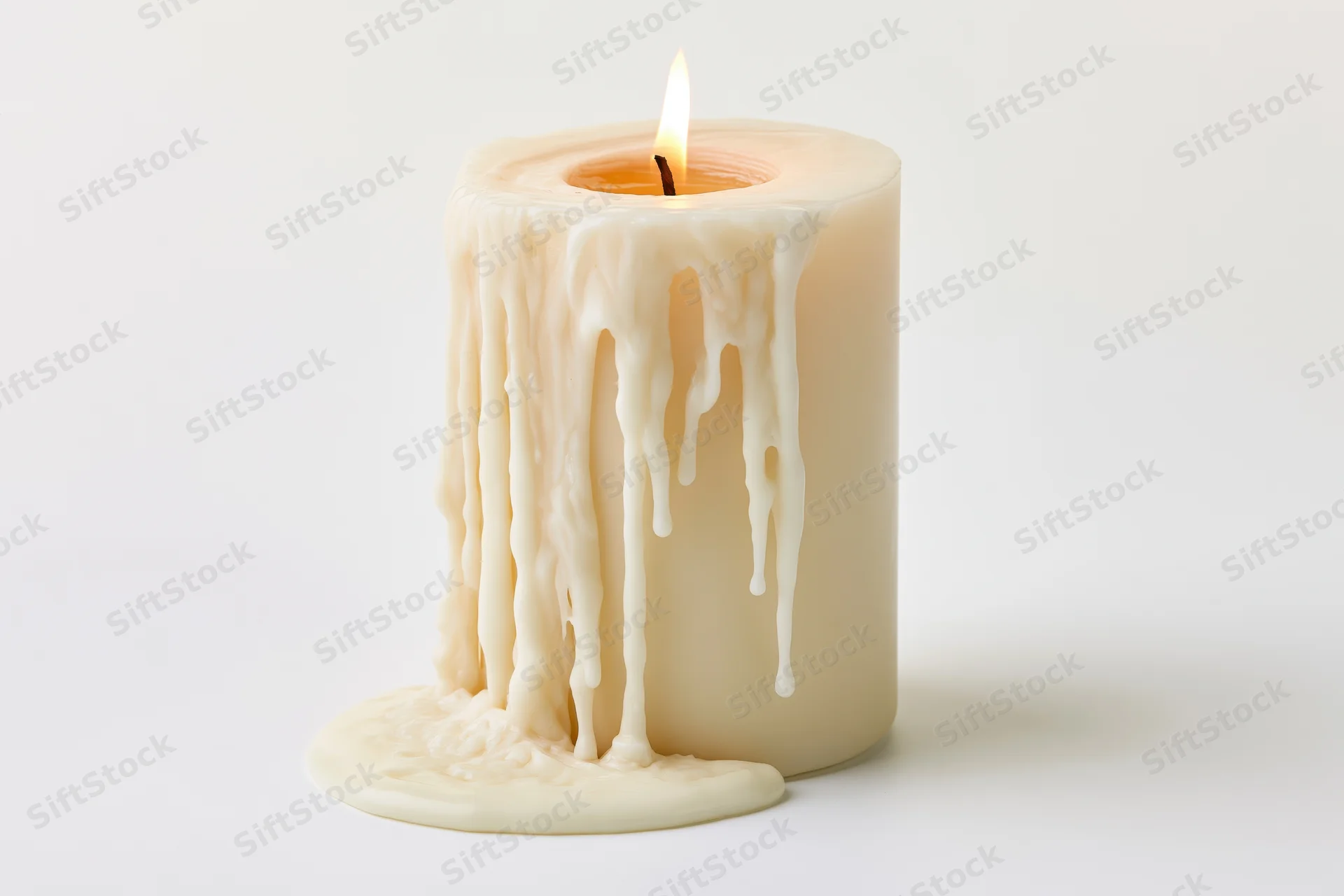 Thick ivory pillar candle burning with dripping wax on white background