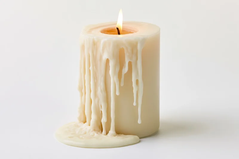 Thick ivory pillar candle burning with dripping wax on white background