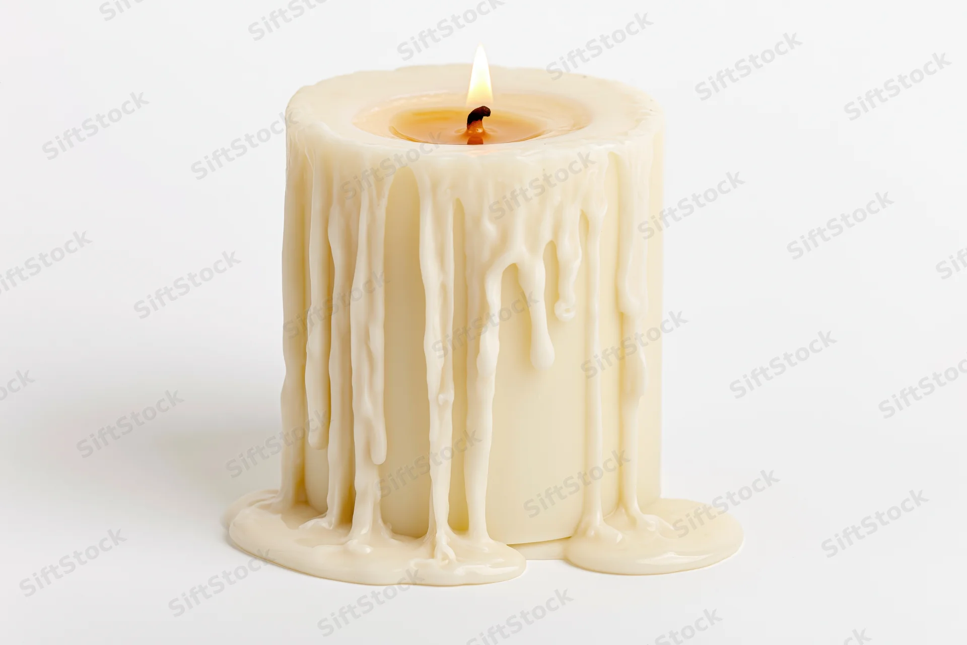 Thick ivory pillar candle burning with dripping wax on white background