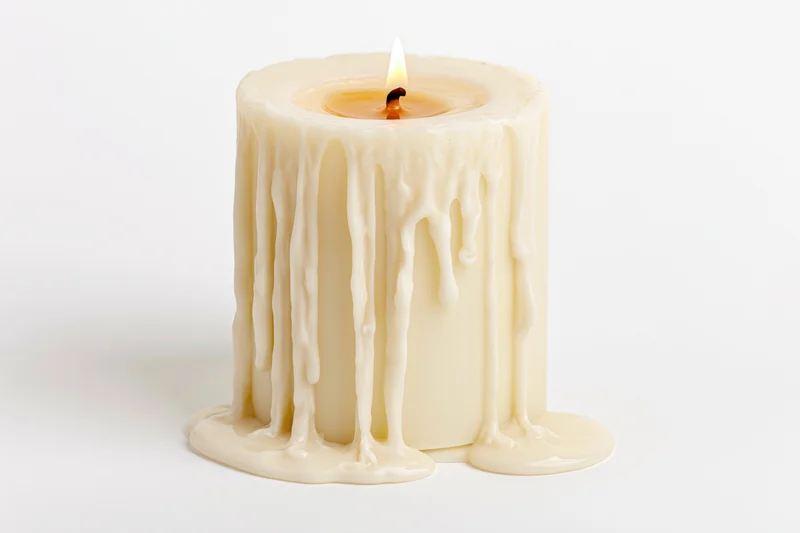 Thick ivory pillar candle burning with dripping wax on white background