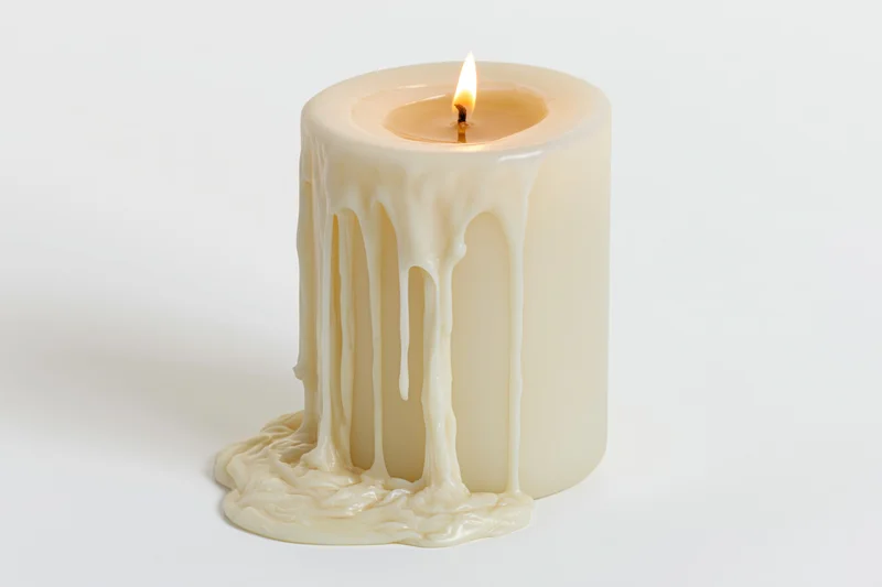Thick ivory pillar candle burning with melted wax dripping down its side on a white surface