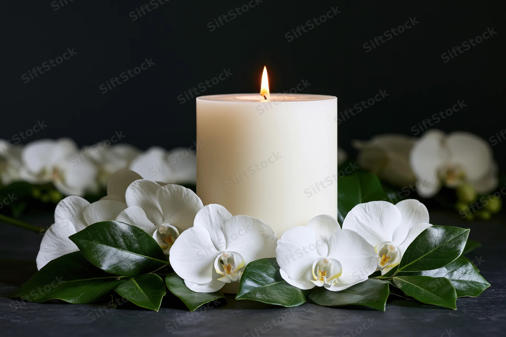 Lit white pillar candle surrounded by white orchids and green leaves on dark surface