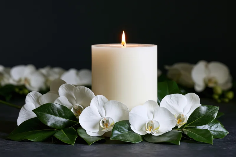 Lit white pillar candle surrounded by white orchids and green leaves on dark surface