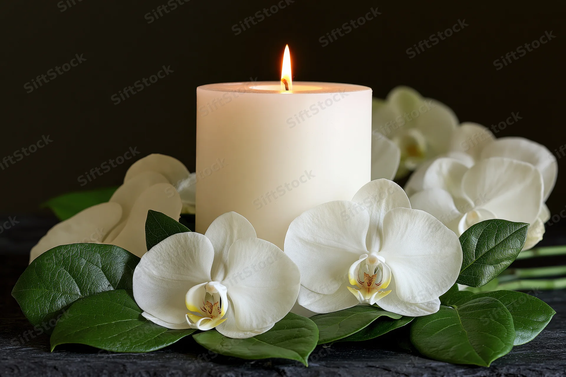 Lit white pillar candle surrounded by white orchids and green leaves on dark surface