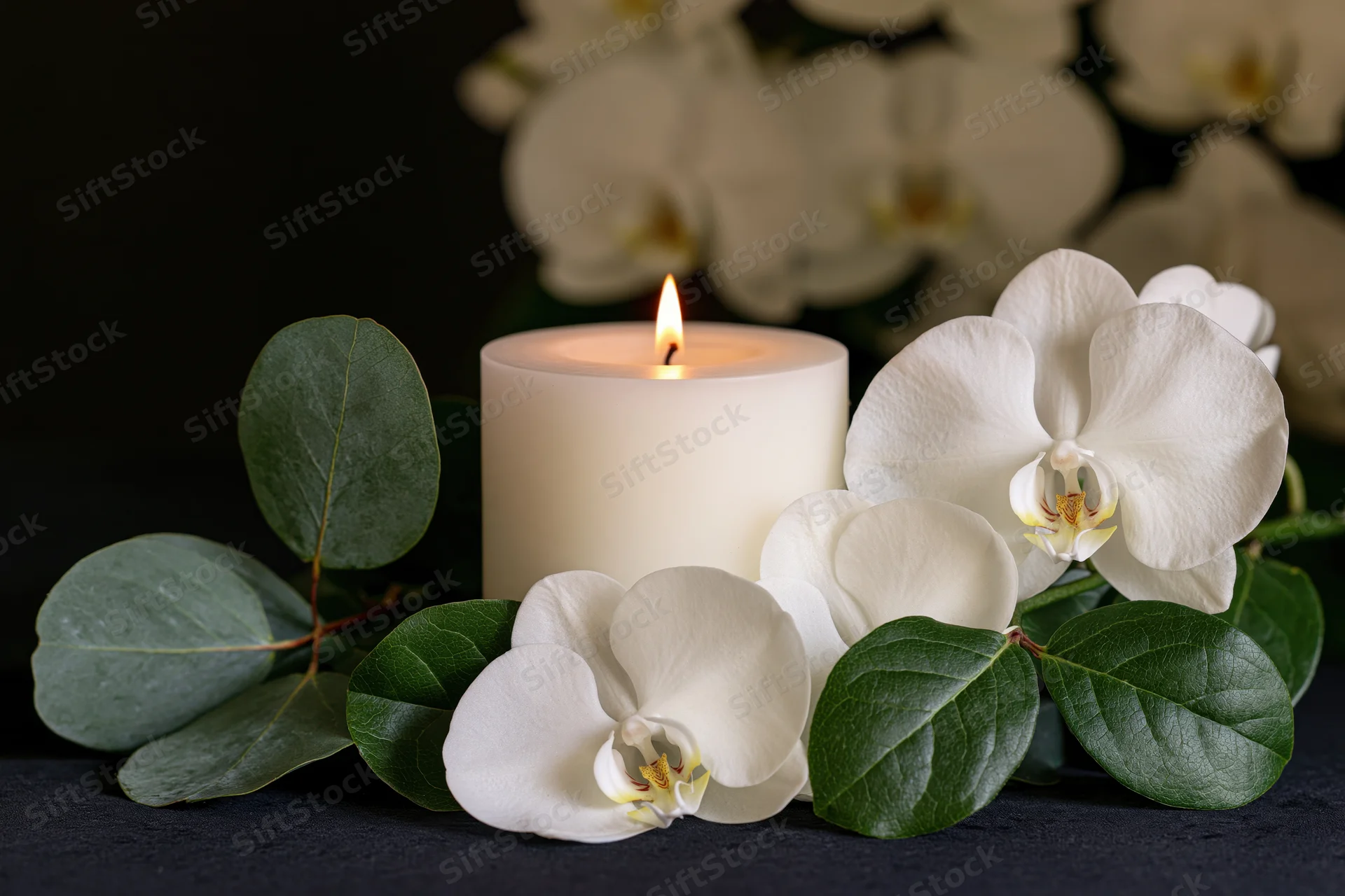 Lit white candle with white orchids and green leaves arranged on dark surface