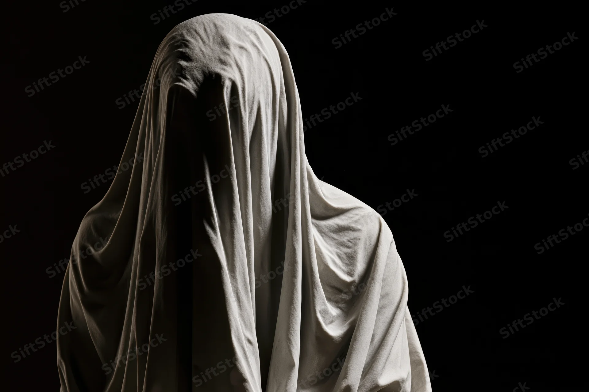 Veiled marble statue with head bowed against black background