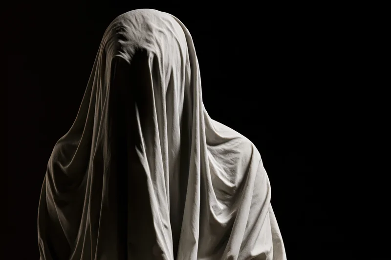 Veiled marble statue with head bowed against black background