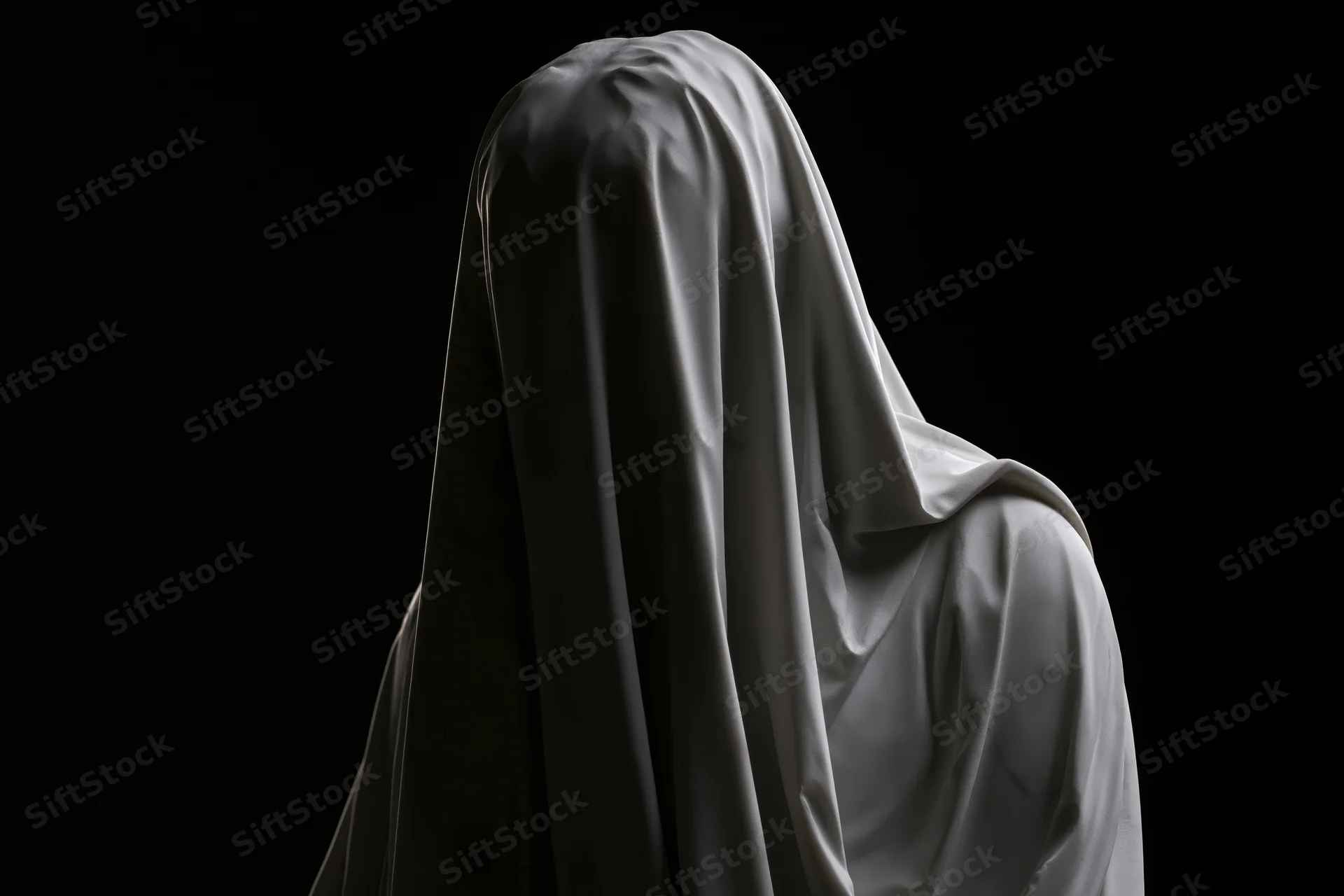 Veiled marble statue with head bowed against black background