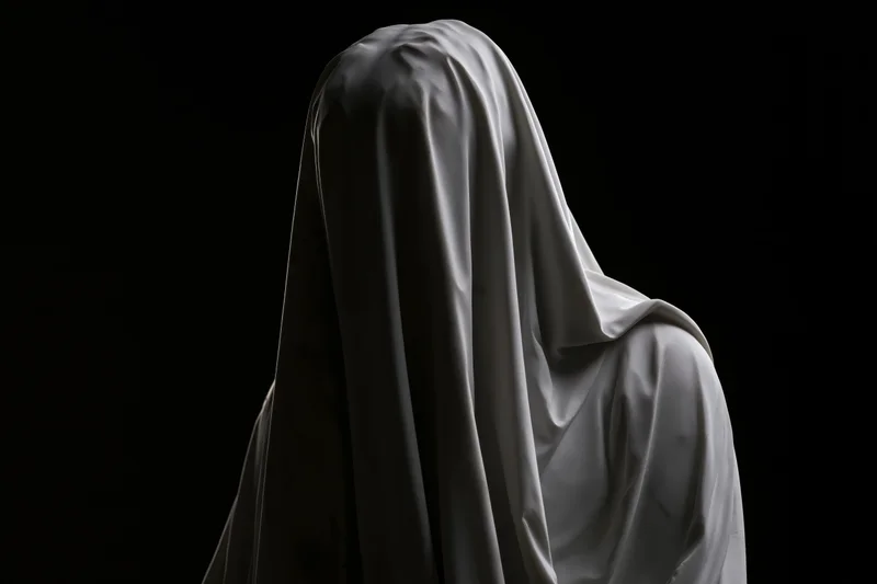 Veiled marble statue with head bowed against black background
