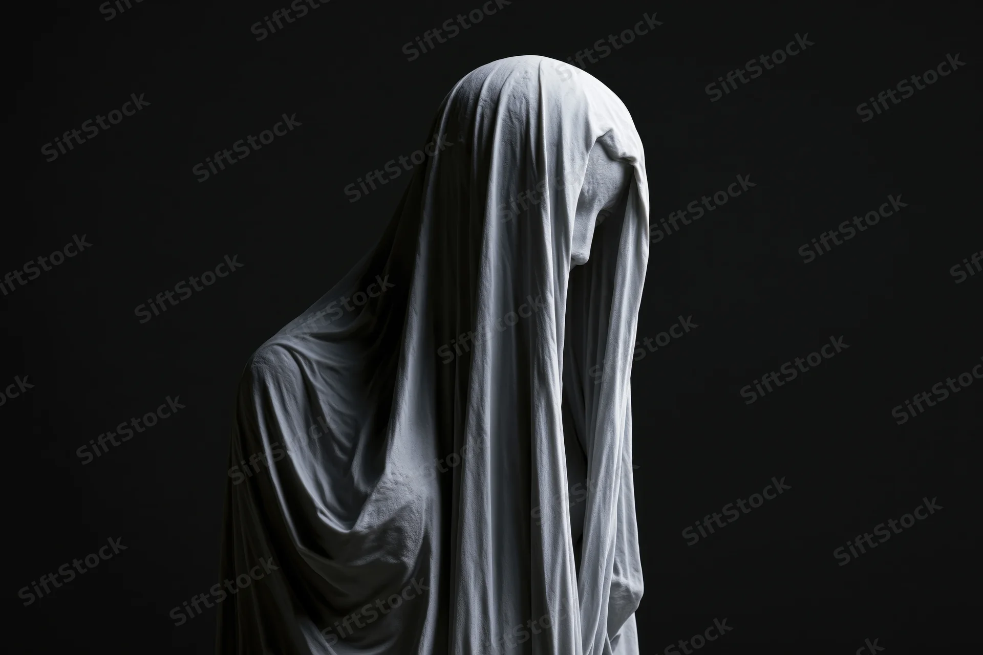Veiled marble statue with head bowed against dark background