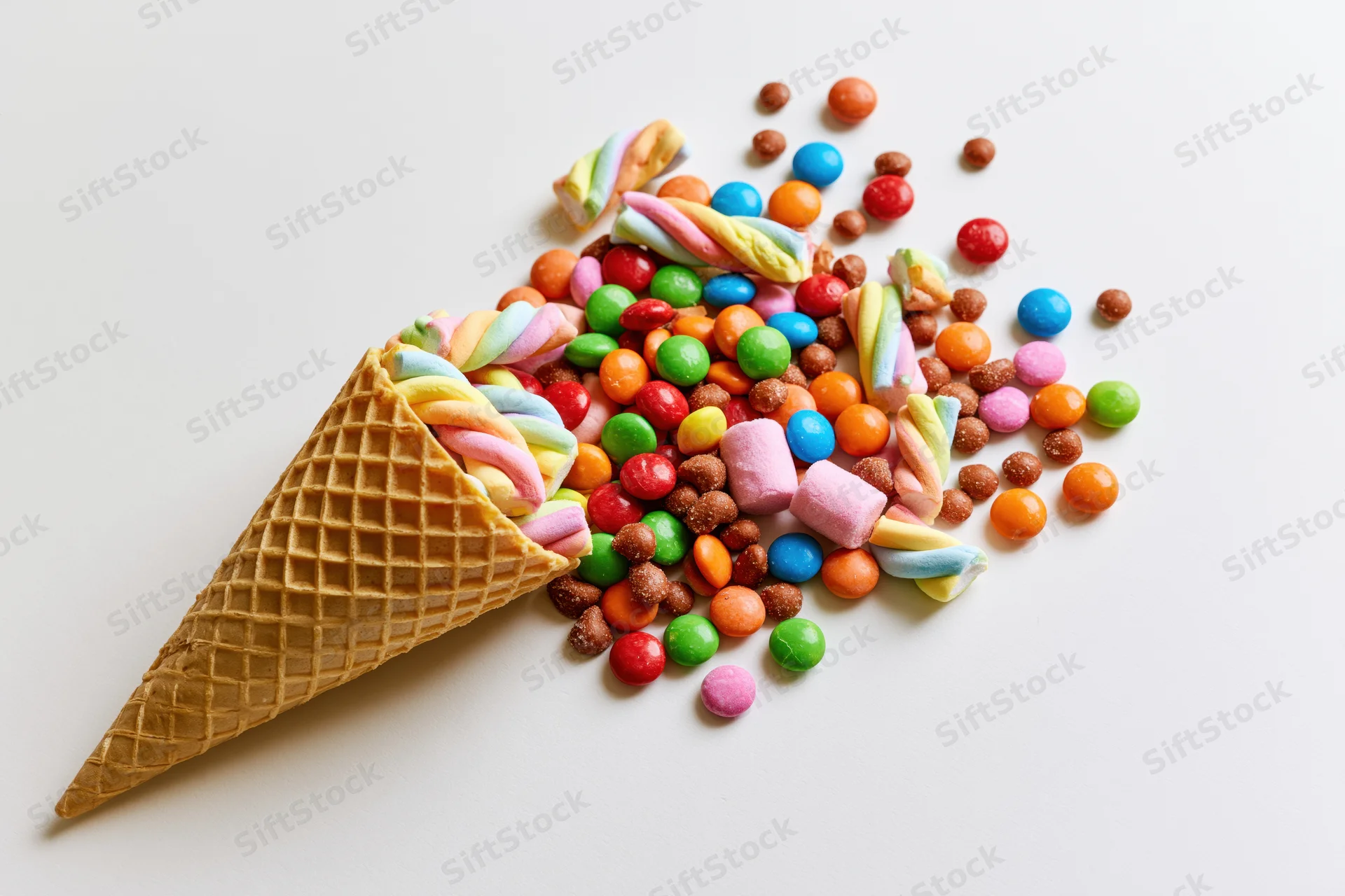 Waffle ice cream cone lying on its side with colorful candies spilling out onto white surface