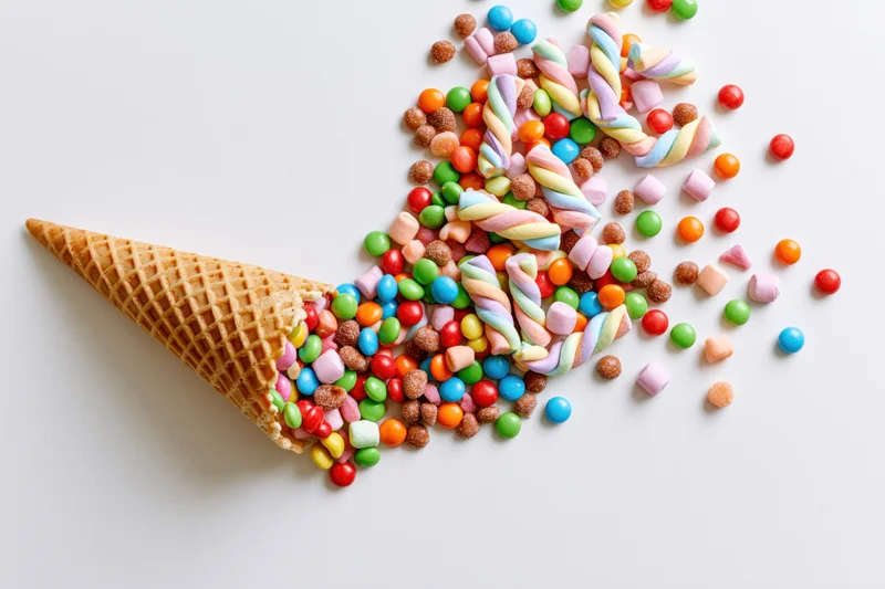 Waffle ice cream cone lying on its side with colorful candies spilling out onto white surface