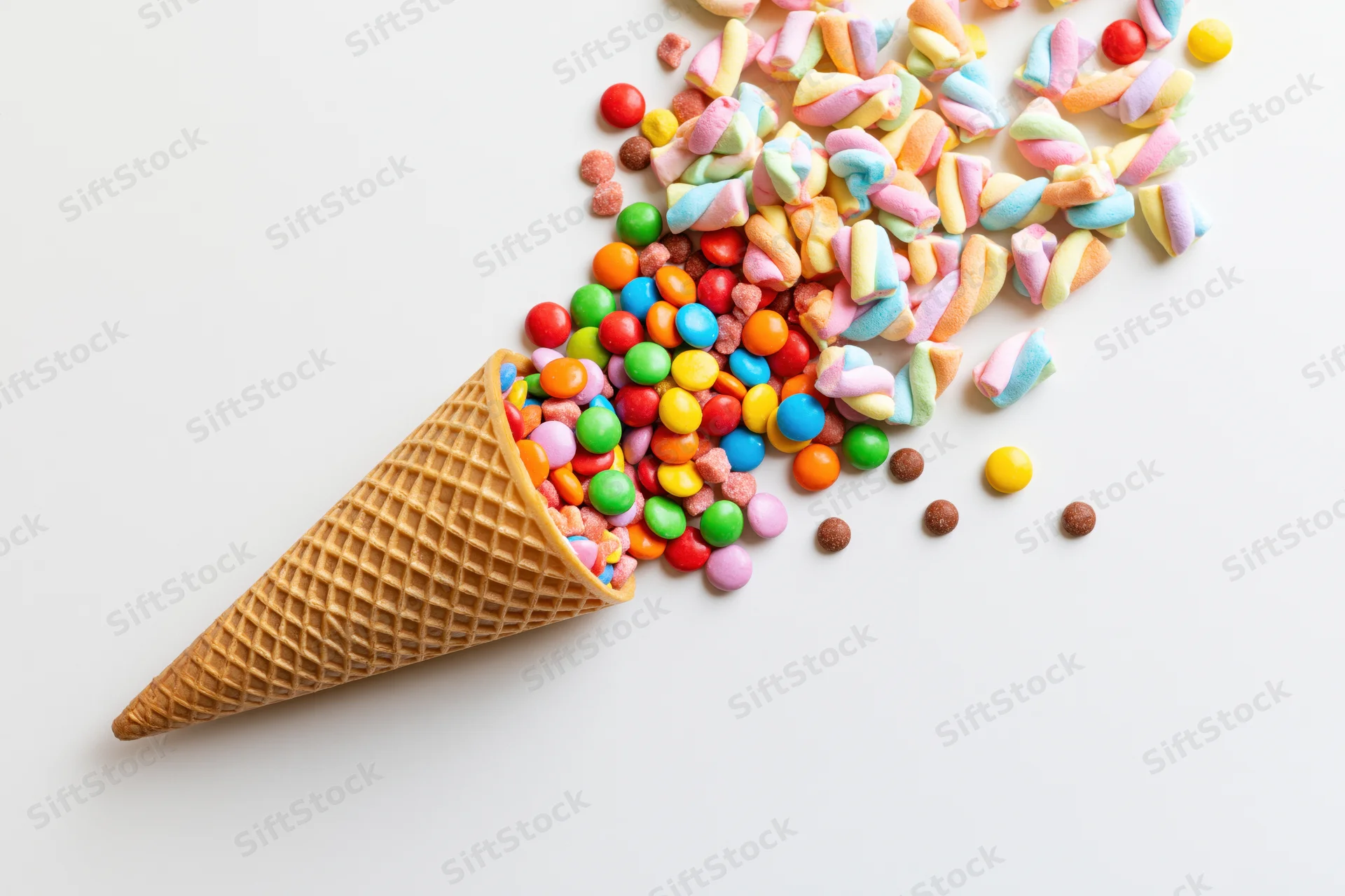 Waffle cone lying on its side spilling colorful candies and marshmallows onto white surface