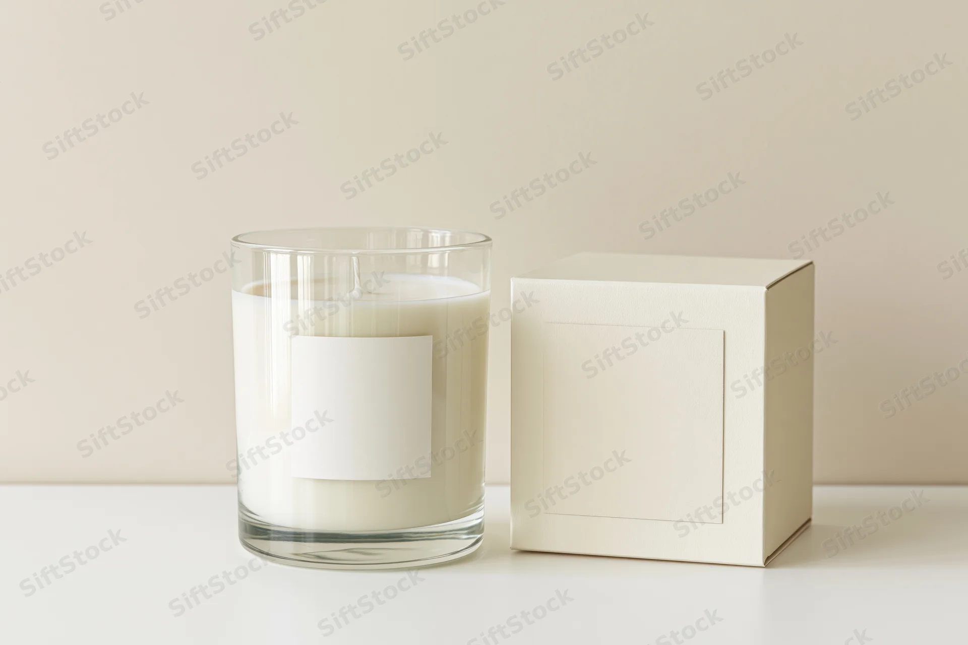 White soy candle in clear glass jar with blank label beside its cream-colored box on a white surface