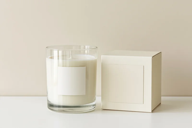 White soy candle in clear glass jar with blank label beside its cream-colored box on a white surface