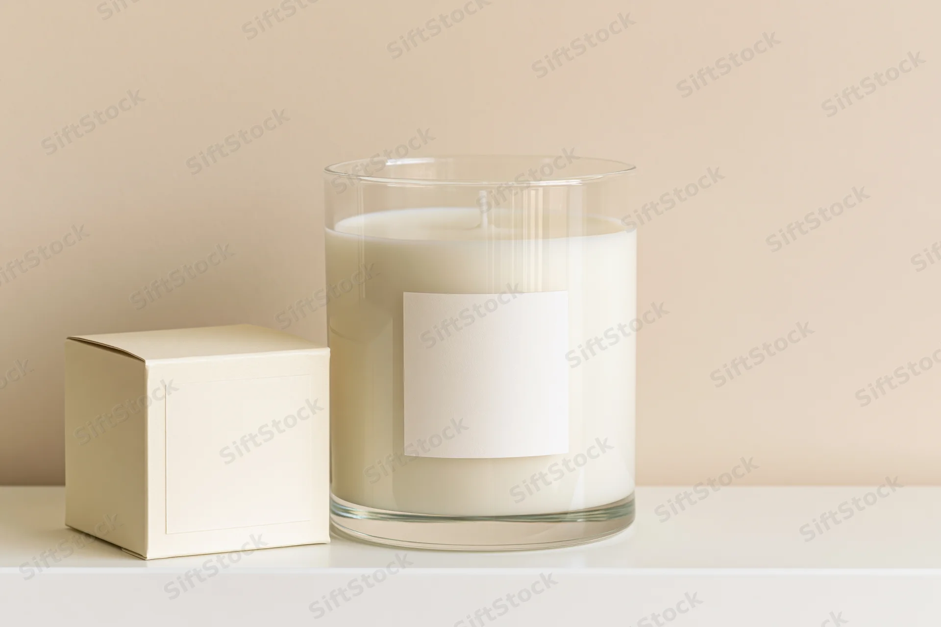White soy candle in clear glass jar with blank label beside cream box on white surface