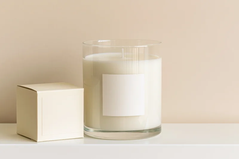 White soy candle in clear glass jar with blank label beside cream box on white surface