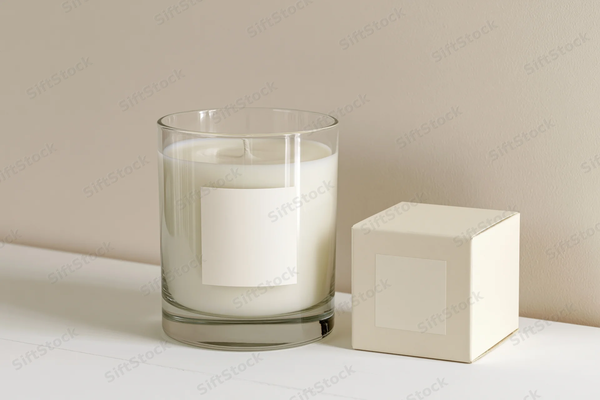 White soy candle in clear glass jar with blank label beside matching box on white surface